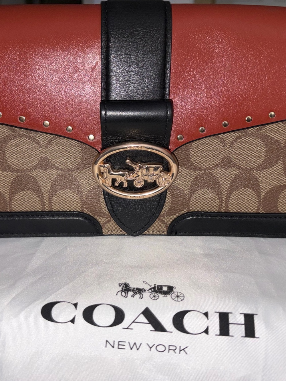 Coach Shoulder Bag Brown Tan Black Red with Signature Canvas - Picture 5 of 10